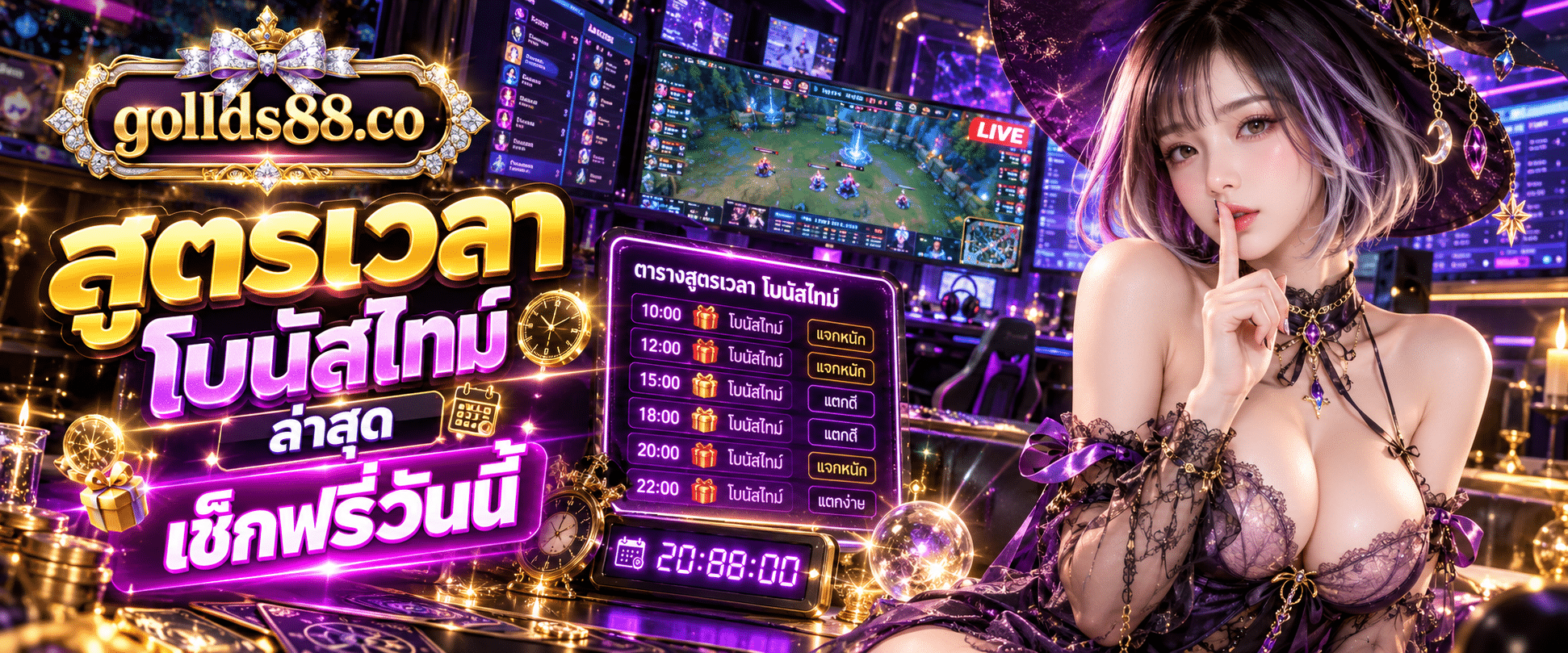 ภาพนาฬิกาดิจิทัลเรืองแสงแสดงตารางข้อมูล gollds88 สูตร เวลา โบนัสไทม์ ล่าสุด ข้างจอมอนิเตอร์ถ่ายทอดสดแข่งเกม