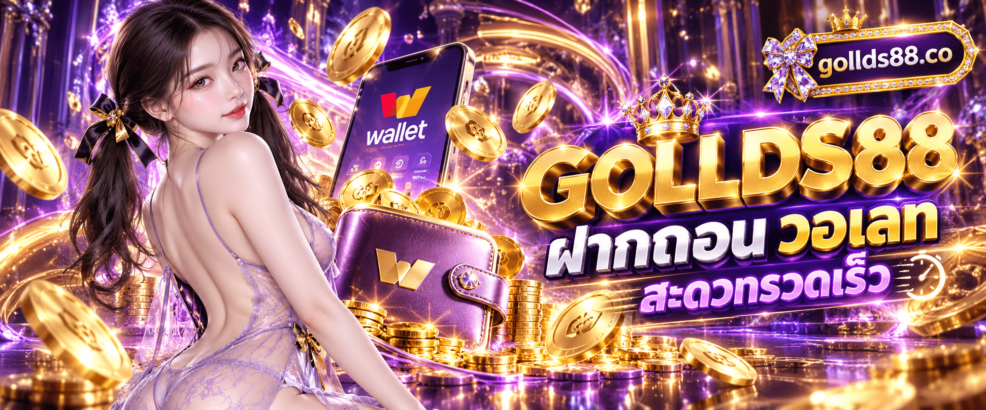 ภาพกราฟิกสามมิติรูปกระเป๋าเงินดิจิทัลและเหรียญทองรอบโลโก้ GOLLDS88 ฝากถอน วอเลท ไม่มีขั้นต่ำ